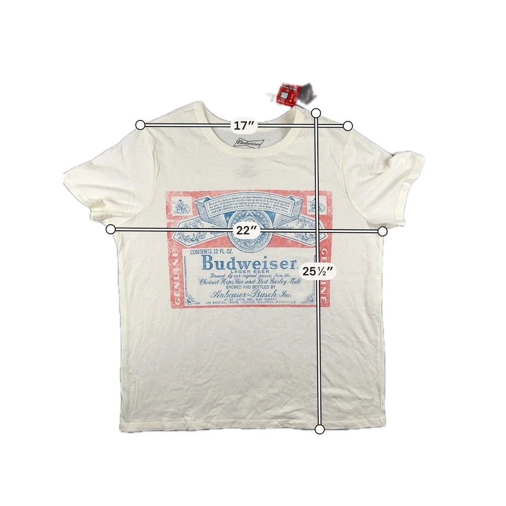 Budweiser Shirt Men's Large White Beer Label Graphic Tee Hybrid Apparel NWT